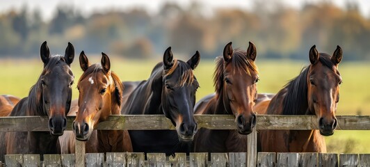 Group of brown horses on enclosure at the meadow pasture, standing side by side. - obrazy, fototapety, plakaty