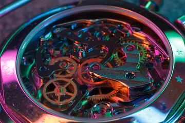 Close up detail of a macro clockwork inside a shiny iron wristwatch with sapphire rear glass bottom. - 774498311