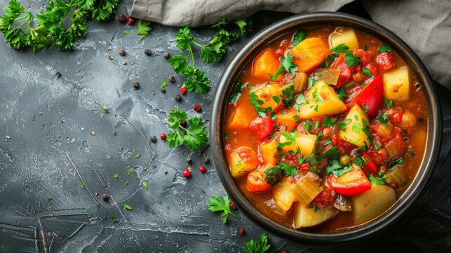 Homemade vegetable stew in a bowl with potatoes and herbs from above