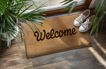 Welcome Mat At Front Door Of House. Generative AI. - 774498761