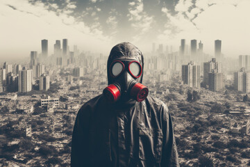 Apocalyptic artwork. man wearing gas mask amidst post-nuclear blast ruined city scene