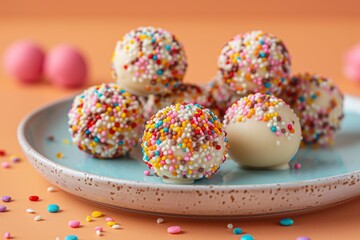 Colorful sweet balls on a ceramic plate, delightful confectionery treat