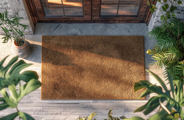 Blank Welcome Mat At Custom Front Door of House. Generative AI. - 774498933
