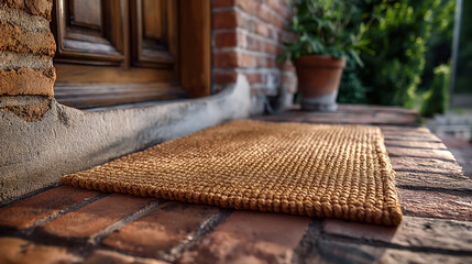Blank Welcome Mat At Custom Front Door of House. Generative AI. - 774499107