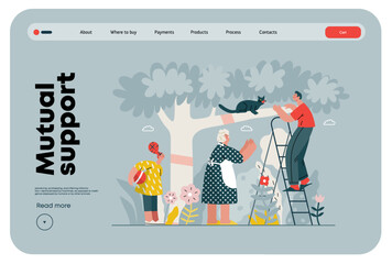 Mutual Support: Rescue cat from tree -modern flat vector concept illustration of elderly woman and man on a ladder under the tree Metaphor of voluntary, collaborative exchanges of resource, services