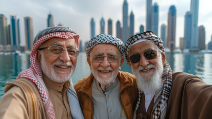 Three elderly Arab friends taking a selfie in front of some skyscrapers