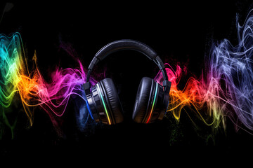 headphones with colorful soundwaves