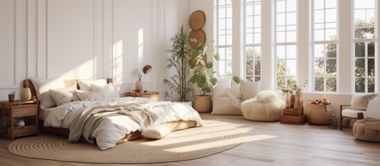 Bedroom view showcasing a detailed close-up of a bed within a space filled with numerous windows allowing ample natural light