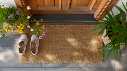 Blank Welcome Mat and Pair of Shoes At Front Door of House. Generative AI. - 774499514