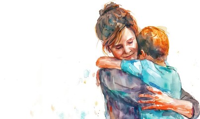 Watercolor illustration of a mother and son hugging each other on a white background