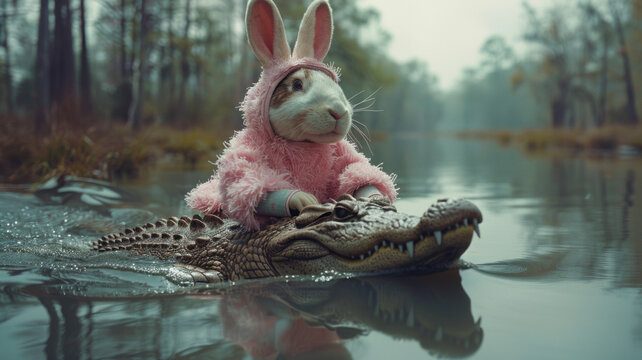 bunny riding an alligator.generative ai