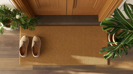 Blank Welcome Mat and Pair of Shoes At Front Door of House. Generative AI. - 774499909