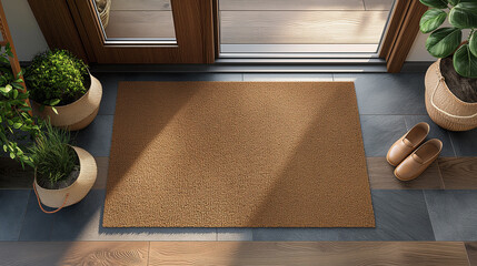 Blank Welcome Mat and Pair of Shoes At Front Door of House. Generative AI. - 774499910