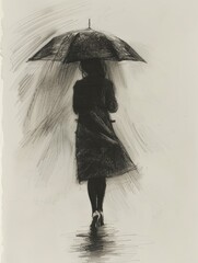 Black and white pencil drawing of a silhouette girl in an autumn coat with an umbrella, back view