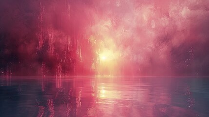 Abstract portrayal of a resurrection scene with digital ascension lights, on a dawn pink background, concept for rebirth and ascension in the age of information. - obrazy, fototapety, plakaty