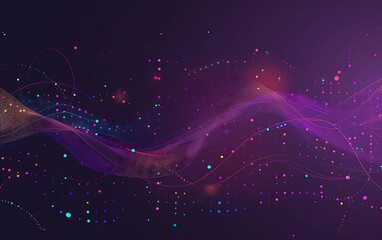 Abstract purple background with colorful dots and lines, glowing waves of energy, dark blue gradient background