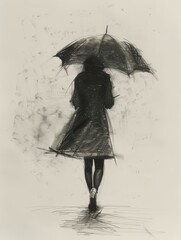 Silhouette of girl in autumn coat with umbrella - back view, black and white pencil drawing