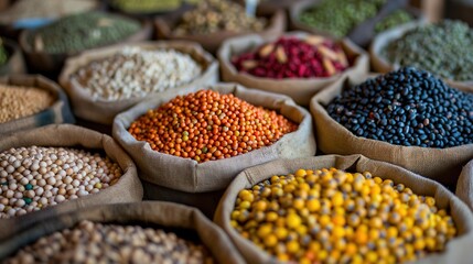Colorful Assortment of Legumes and Grains in Baskets at a Local Market
