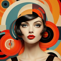 Chic woman with a modern twist on classic art deco, surrounded by vibrant retro patterns - 774500502