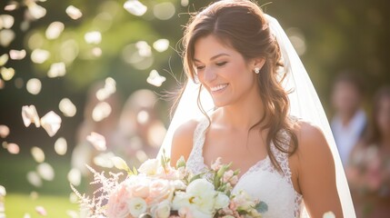 Fototapeta premium Radiant Bride Holding a Bouquet Enjoying Her Summer Wedding in the Park