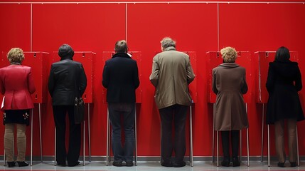 Six People Standing in Front of Bright Red Voting Booths During an Election