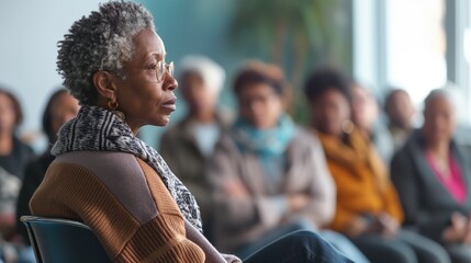 Elderly Woman Deep in Thought During a Community Meeting on a Winter Day - obrazy, fototapety, plakaty