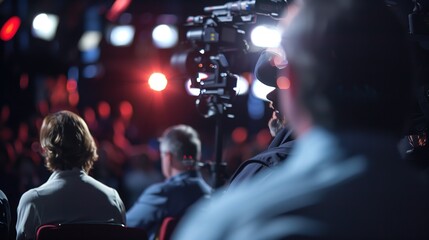 Audience Members Seated at a Live Event With Cameras Recording in the Background