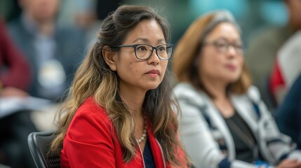 Fototapeta premium Focused Professional Woman Attending a Business Conference Indoors During the Day