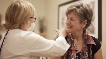 Healthcare Professional Administering Vaccine to Smiling Woman in Clinic