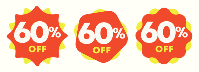 60% off. Special offer sticker, label, tag. Value discount poster, price. Shapes in yellow and red. Marketing for promotion, discount, sales, store, retail, mall