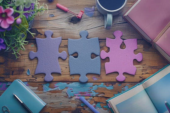 three purple, pink, grey puzzle pieces on desk, generative ai