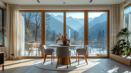Modern minimalist breakfast nook with mountain view and natural light - obrazy, fototapety, plakaty