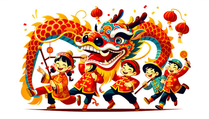 dragon chinese and children in Chinese New Year concept, illustrator