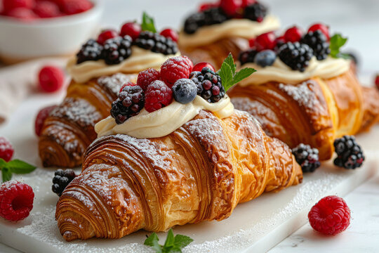 three croissants decorated with vanilla cream and berries on a white background,generative ai