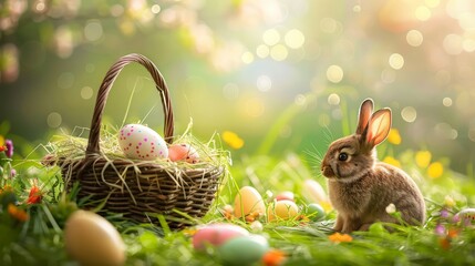 Easter egg hunting background, candy and chocolate bunny and rabbits