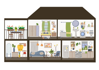 Obraz premium Two-story sectional cottage. Cross-section of a doll's house. Furnished rooms. Living room with sofa and armchair. Hallway with hanger and mirror. Kitchen. Bathroom. Bedroom with bed and window