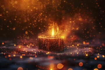 Minimalist design of a candle flame flickering with digital particles, on a dark orange background, concept for the light of faith guiding through digital darkness. - obrazy, fototapety, plakaty