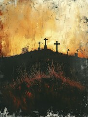 An austere hill dotted with crosses rests beneath a shifting sky, embodying hope and resilience in prudent finances.