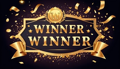 Winner banner. Win congratulations vintage frame, golden congratulating framed sign with gold confetti. Winners lottery game jackpot prize logo vector background illustration - obrazy, fototapety, plakaty