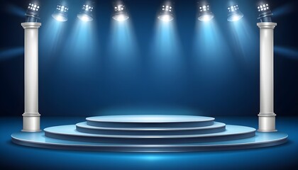 Stage podium with lighting, Stage Podium Scene with for Award Ceremony on blue Background, Vector...