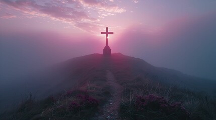 The solitary cross at sunrise symbolizes a quiet beacon of optimism amidst economic recovery. - obrazy, fototapety, plakaty