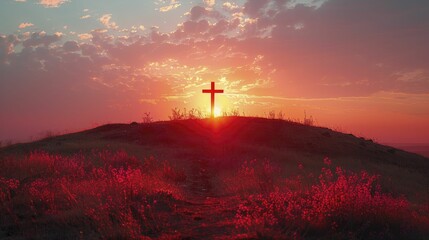 Silent dawn scene with a lone cross on a hill, minimalistic representation of hope and monetary revival.