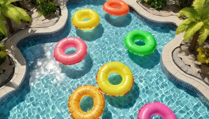 A swimming pool on a summer day full of colorful floaties. Bright fun vacation theme.