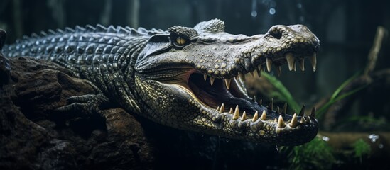 A menacing crocodile with its powerful jaws wide open, displaying rows of sharp teeth in a detailed close-up view