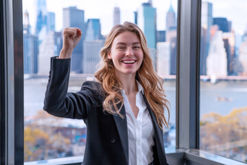 Fototapeta premium Caucasian businesswoman in black suit excited about new challenges