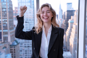 Fototapeta premium Caucasian businesswoman in black suit excited about new challenges