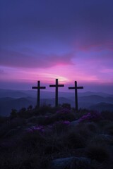 Three crosses against a fading violet sky symbolize sacrifice and fiscal prudence with a minimalist touch. - obrazy, fototapety, plakaty