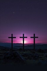 In the twilight, three crosses stand tall, symbolizing sacrifice and fiscal prudence with a minimalist touch. - obrazy, fototapety, plakaty