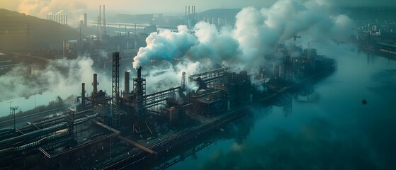 Contributing to Air Pollution: Aerial View of Industrial Factory with Grey Smoke Emitting from Chimney Pipes. Concept Air Pollution, Industrial Factory, Chimney Smoke, Environmental Impact