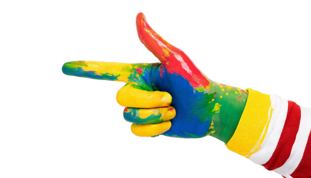 Fun colorful painted hand pointing with one finger. For use as an attention getter in graphics.